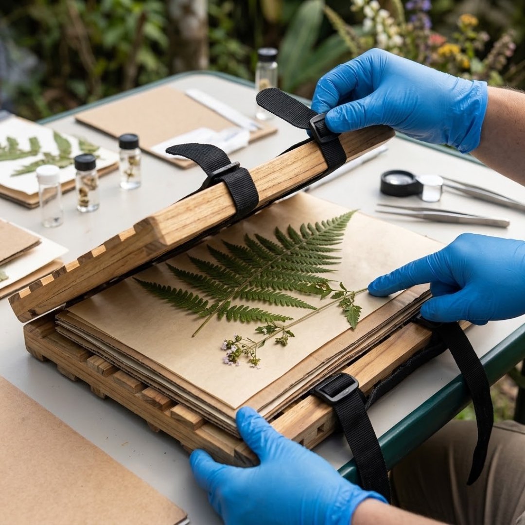 La prensa botánica para herbario de 12 × 18″ está fabricada con listones de madera dura y cuenta con dos correas de nailon con hebillas para mantener comprimidas las muestras vegetales durante el prensado y secado. Es adecuada para trabajos de botánica en campo, laboratorio y aula.