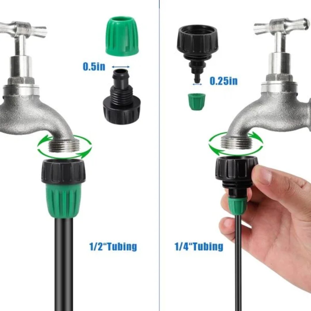 Kit de riego por goteo para jardín, diseñado para distribuir agua directamente a las plantas. Sistema a prueba de fugas para instalación de riego.
