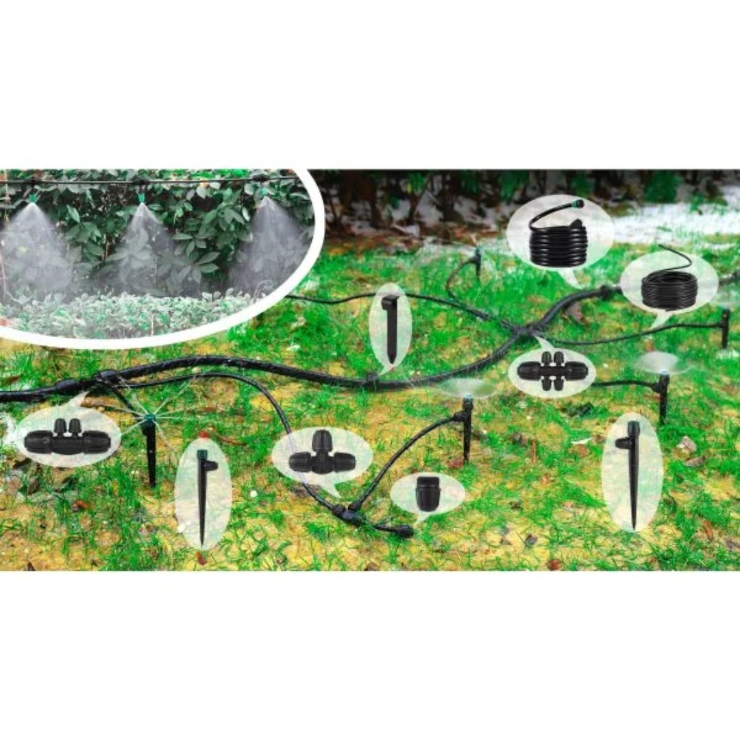 Kit de riego por goteo para jardín, diseñado para distribuir agua directamente a las plantas. Sistema a prueba de fugas para instalación de riego.