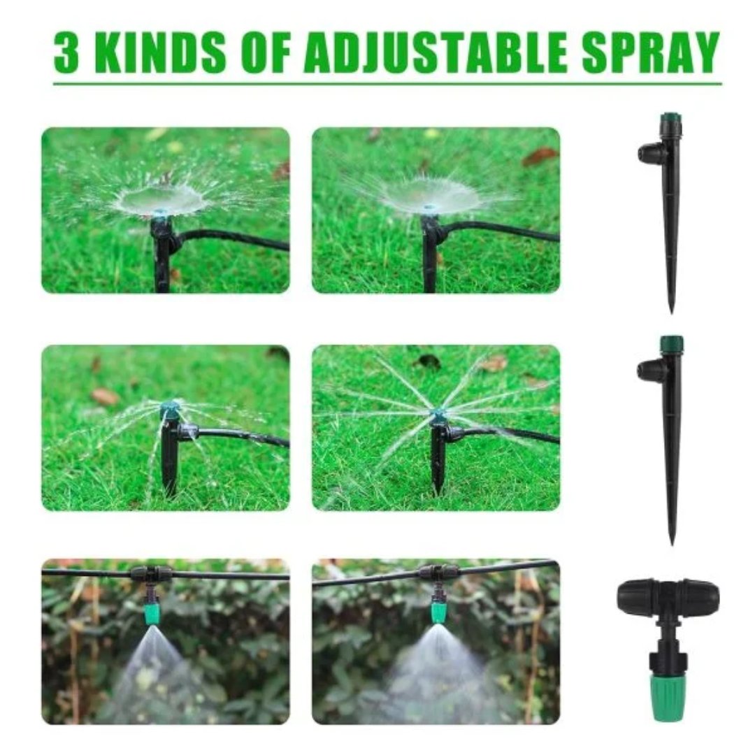 Kit de riego por goteo para jardín, diseñado para distribuir agua directamente a las plantas. Sistema a prueba de fugas para instalación de riego.