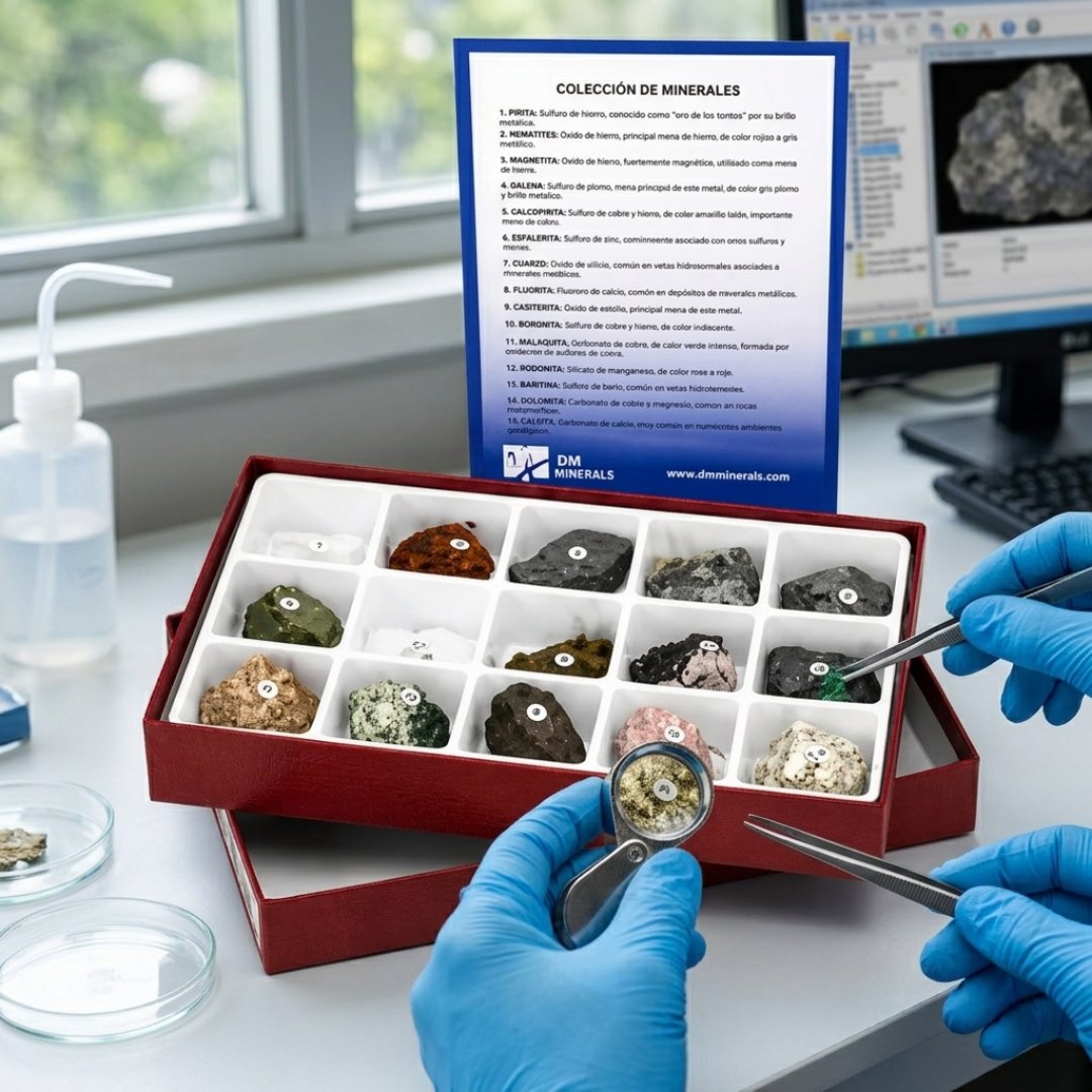 La colección de minerales de metales comunes permite estudiar las principales menas metálicas utilizadas en geología, minería y educación.