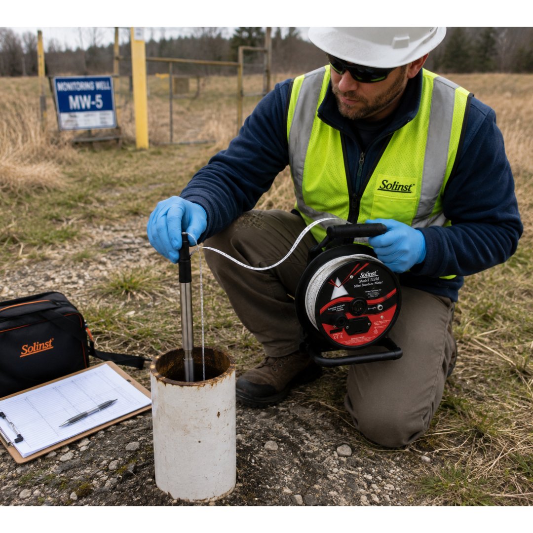Medidor Interfaz Mini Solinst 122M para medir niveles de agua e hidrocarburos LNAPL y DNAPL en pozos de monitoreo ambiental e hidrogeológico.