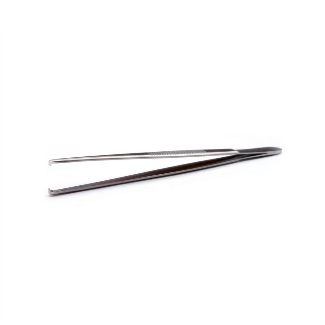 Pinza para entomología recta con diente de 14 cm, diseñada para sujetar y manipular insectos y especímenes pequeños con precisión.