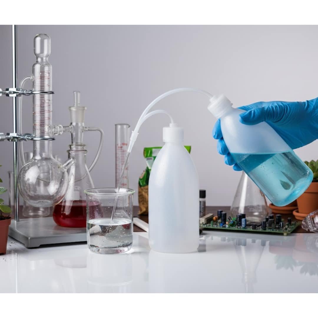 Frasco lavador dispensador 500 ml para enjuagar y limpiar material de laboratorio. Diseño con tapa rosca y pico para vertido preciso y seguro.