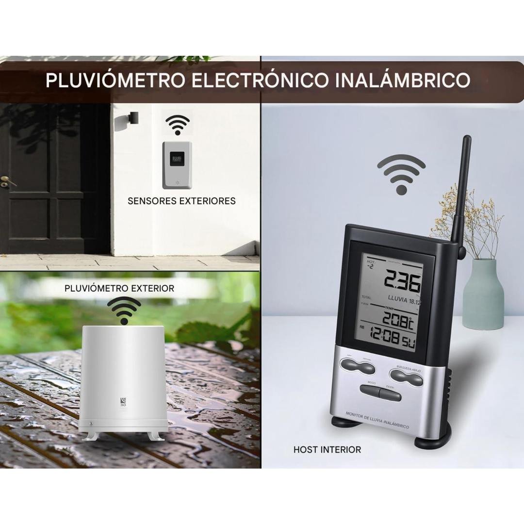 Medidor de lluvia inalámbrico digital con sensor exterior y termómetro. Monitoreo preciso en tiempo real para uso ambiental, agrícola y técnico.