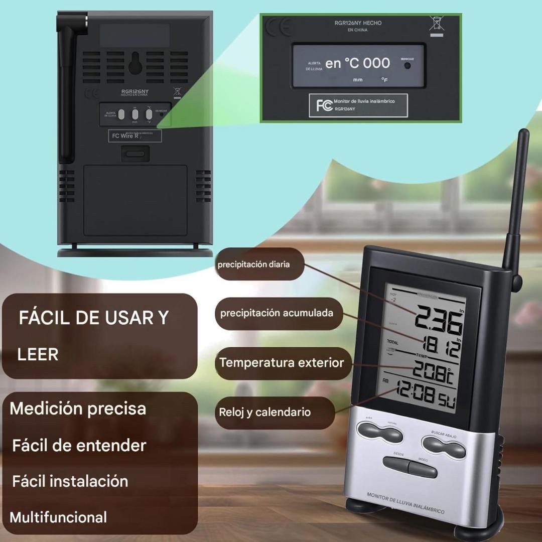 Medidor de lluvia inalámbrico digital con sensor exterior y termómetro. Monitoreo preciso en tiempo real para uso ambiental, agrícola y técnico.