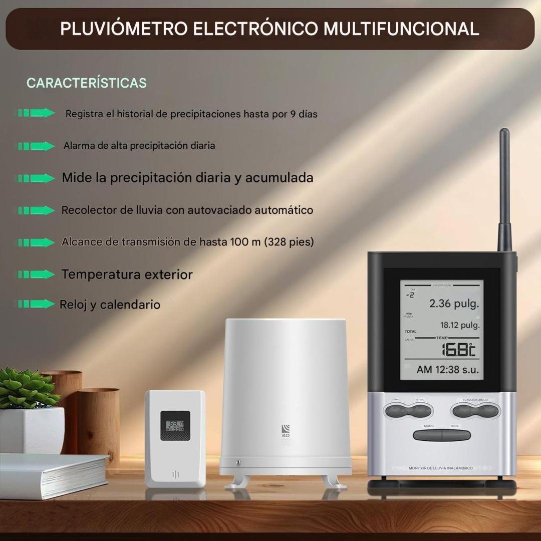 Medidor de lluvia inalámbrico digital con sensor exterior y termómetro. Monitoreo preciso en tiempo real para uso ambiental, agrícola y técnico.