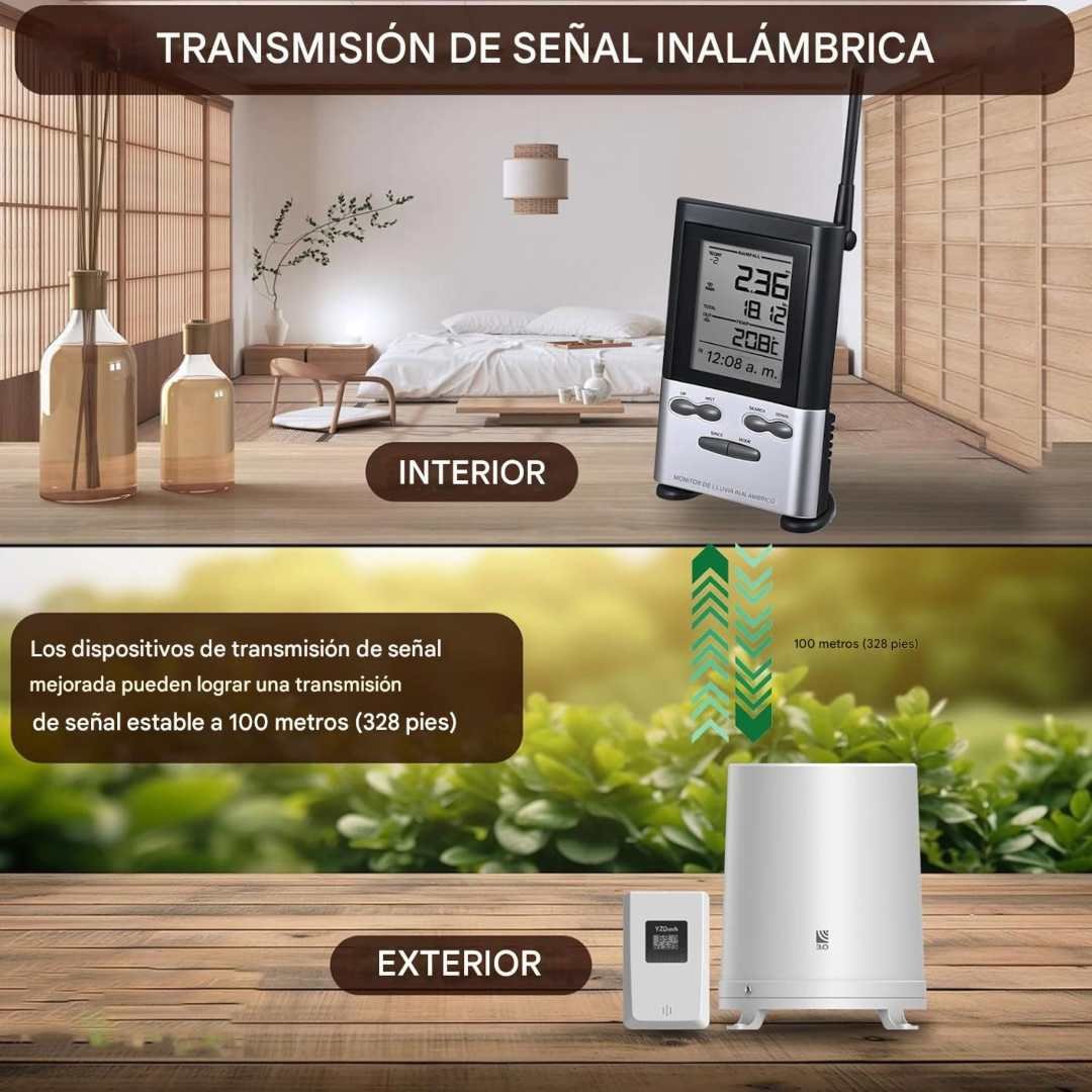 Medidor de lluvia inalámbrico digital con sensor exterior y termómetro. Monitoreo preciso en tiempo real para uso ambiental, agrícola y técnico.