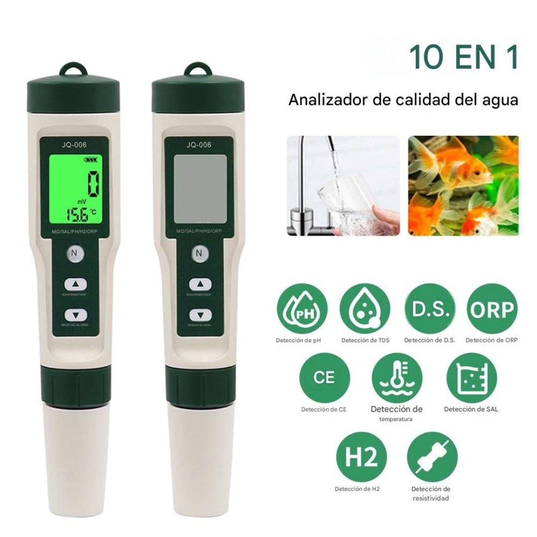 Medidor digital 10 en 1 para análisis completo de calidad del agua. Mide pH, TDS, EC, ORP, salinidad y temperatura con alta precisión. Ideal para monitoreo ambiental, laboratorio y control de agua potable.