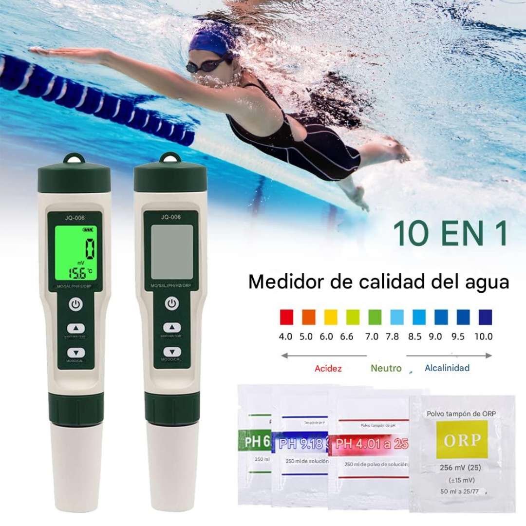 Medidor digital 10 en 1 para análisis completo de calidad del agua. Mide pH, TDS, EC, ORP, salinidad y temperatura con alta precisión. Ideal para monitoreo ambiental, laboratorio y control de agua potable.