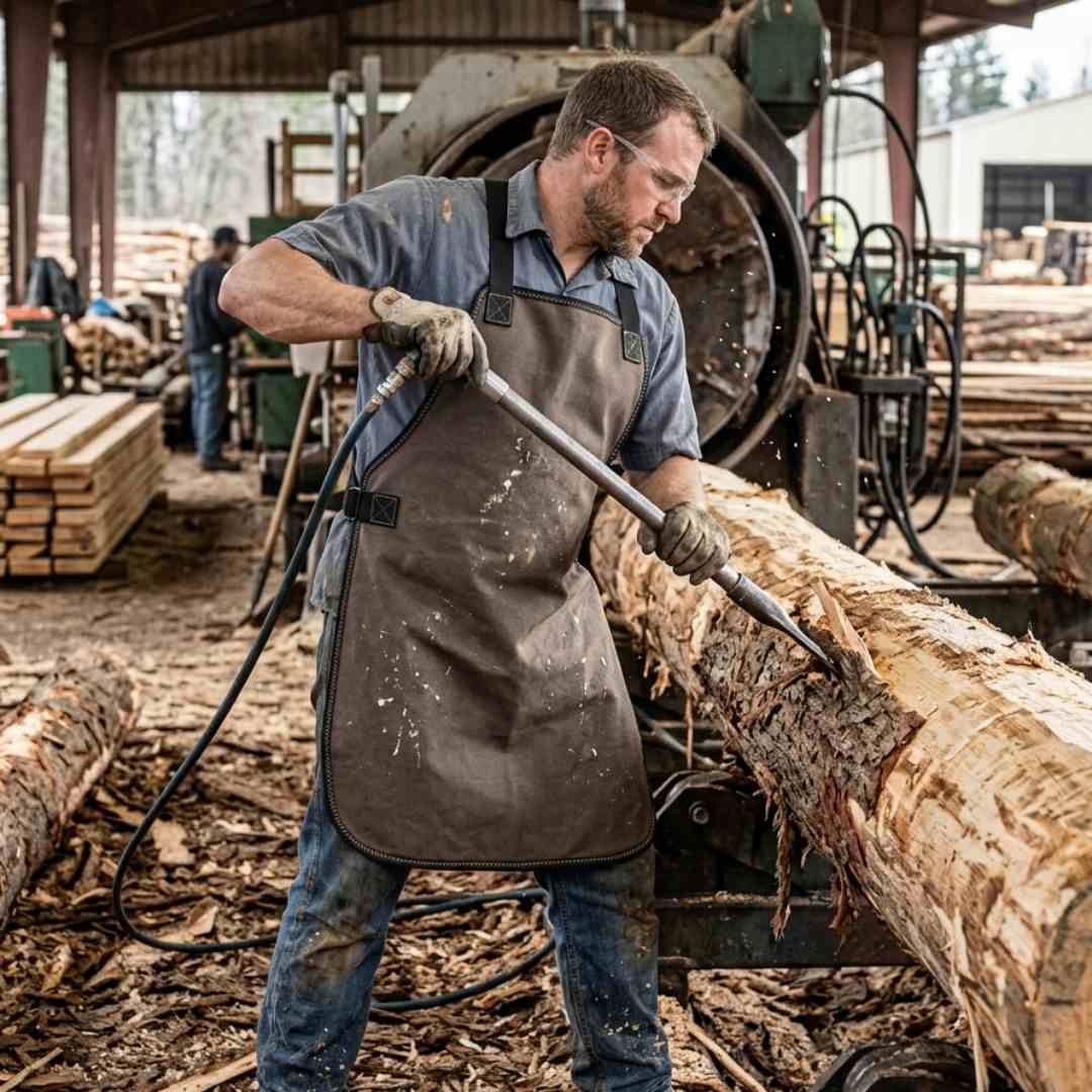 Delantal de protección en vaqueta tipo peto para guadañadores. Alta resistencia y cobertura frontal ideal para trabajos forestales exigentes.