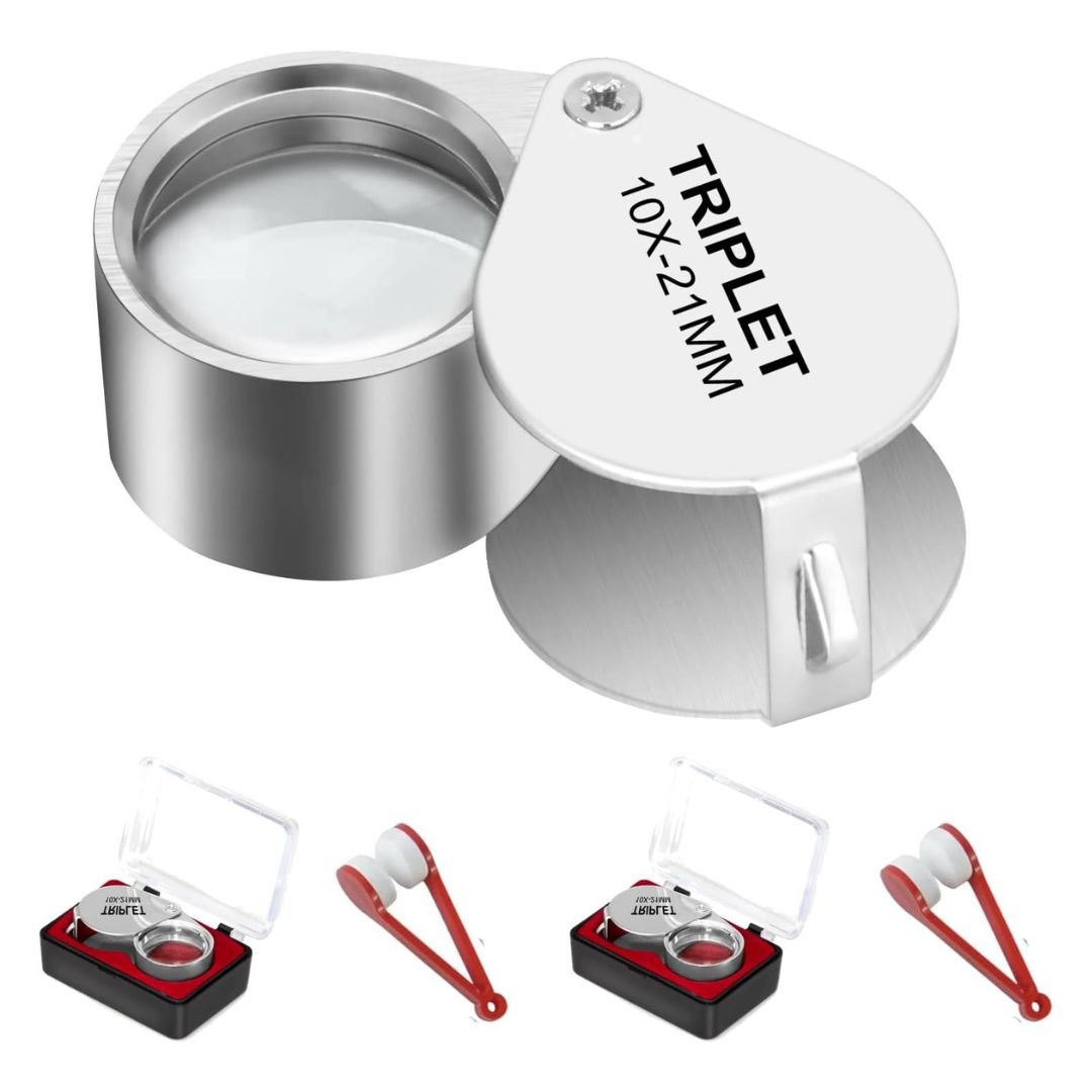Lupa de joyero 10X con lente de vidrio óptico y diseño plegable. Ideal para inspeccionar joyas, monedas, minerales, relojes, sellos y trabajos de precisión.