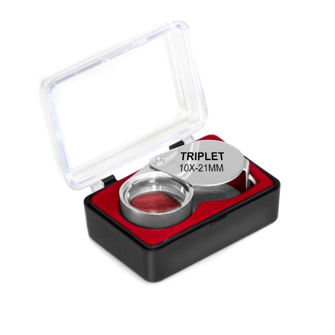 Lupa de joyero 10X con lente de vidrio óptico y diseño plegable. Ideal para inspeccionar joyas, monedas, minerales, relojes, sellos y trabajos de precisión.