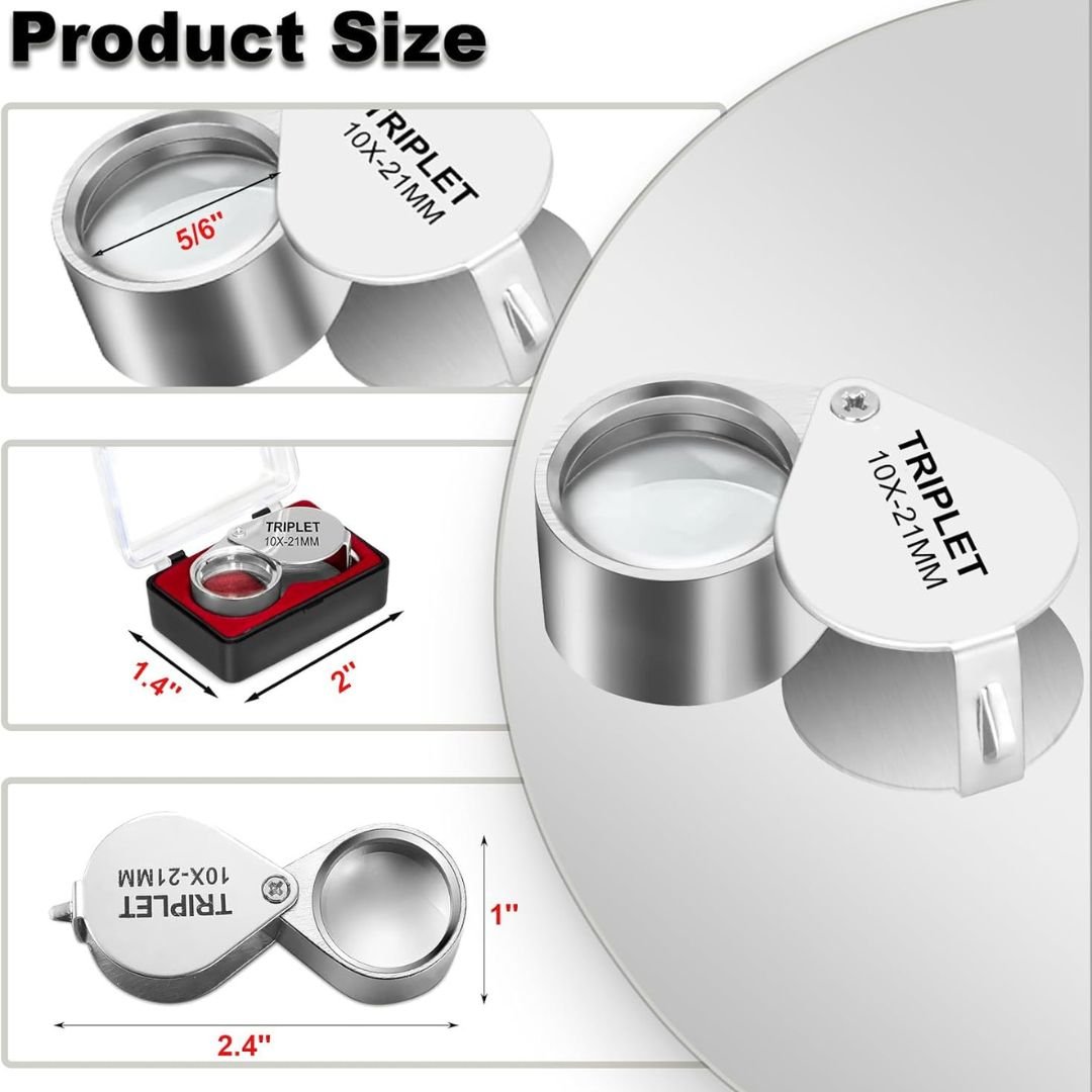 Lupa de joyero 10X con lente de vidrio óptico y diseño plegable. Ideal para inspeccionar joyas, monedas, minerales, relojes, sellos y trabajos de precisión.
