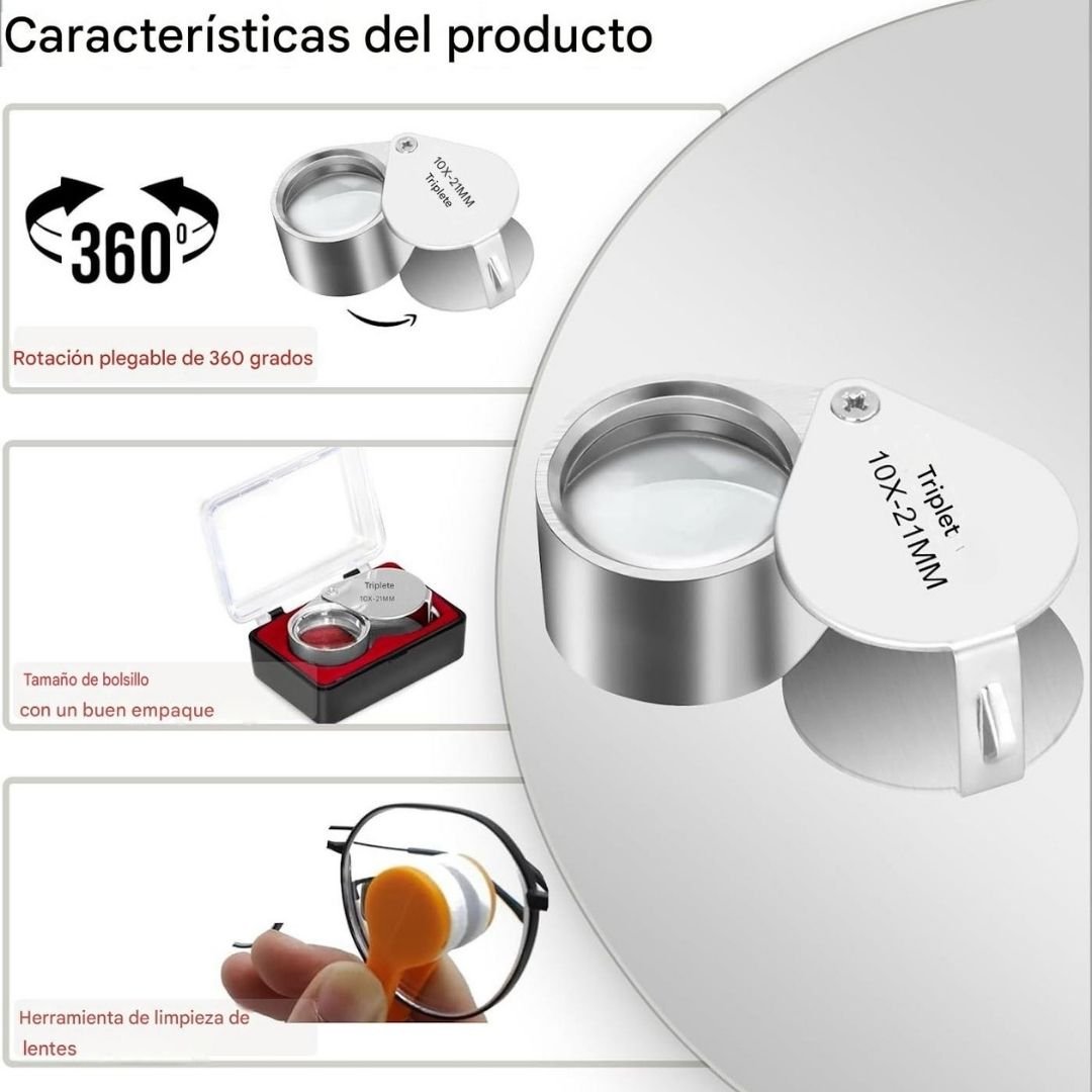 Lupa de joyero 10X con lente de vidrio óptico y diseño plegable. Ideal para inspeccionar joyas, monedas, minerales, relojes, sellos y trabajos de precisión.