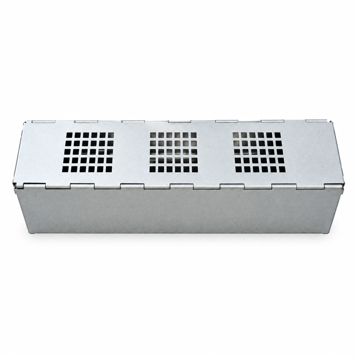 Trampa Sherman galvanizada plegable de 33x10x7,5 cm para captura viva de pequeños mamíferos. Se pliega para transporte y se activa con pedal.