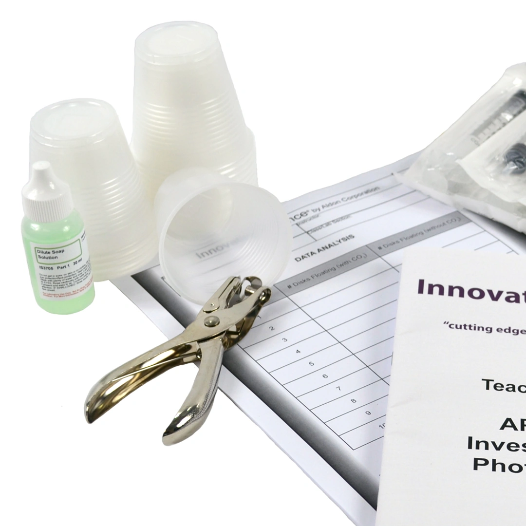 Kit de fotosíntesis: perforadora, vasos, solución jabonosa y tabla de datos